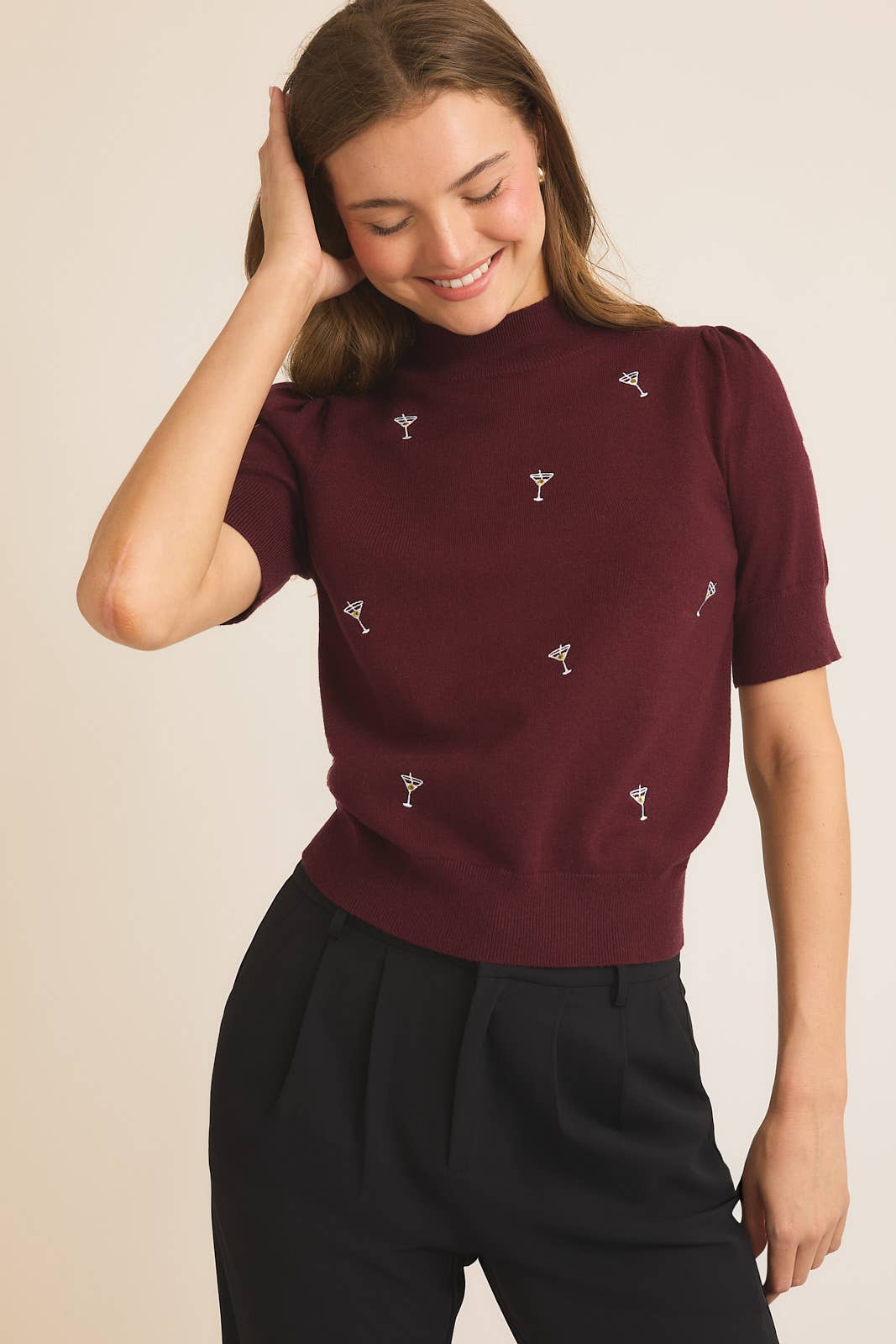 Mock Neck Martini Embroidered Knit Top