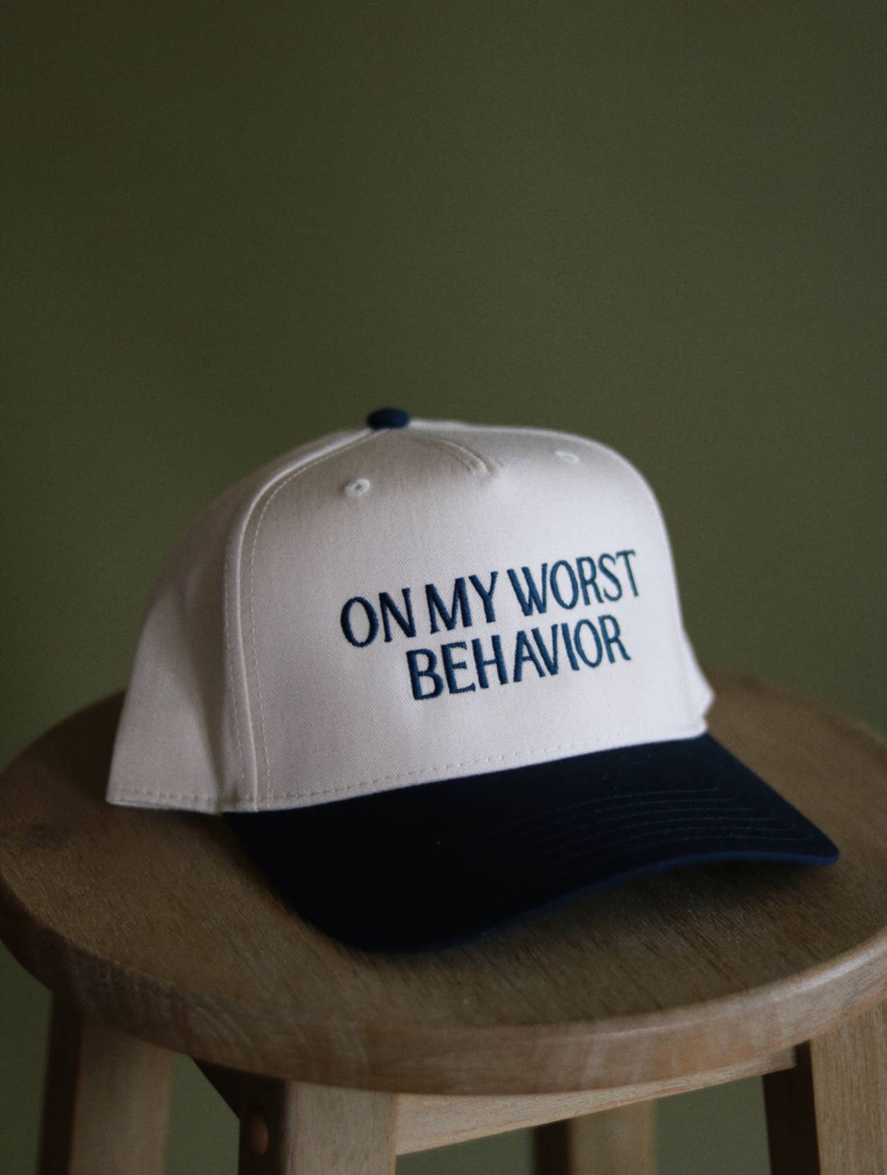 Electric Label On My Worst Behavior Hat Navy and Cream 