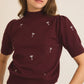 Mock Neck Martini Embroidered Knit Top