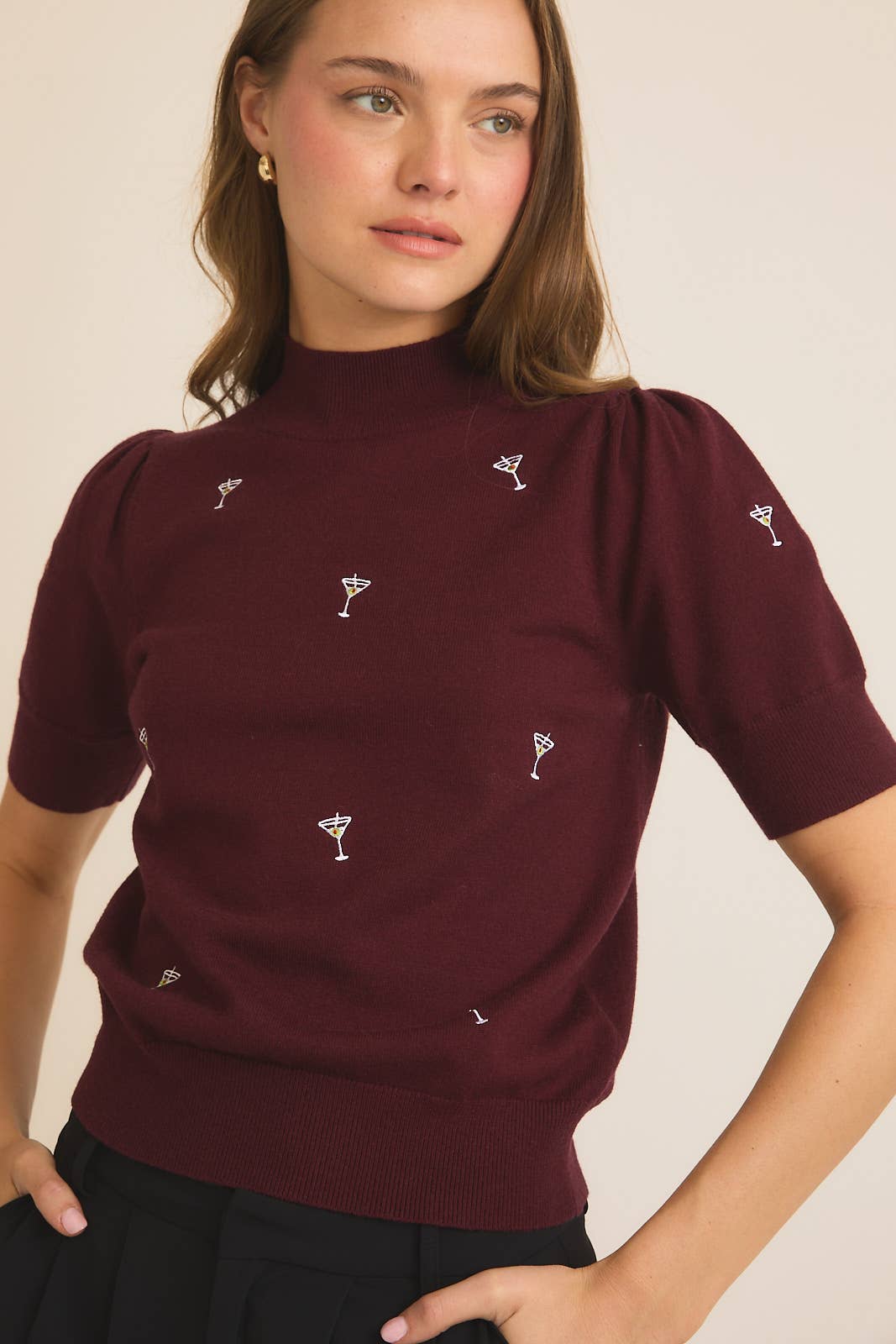 Mock Neck Martini Embroidered Knit Top