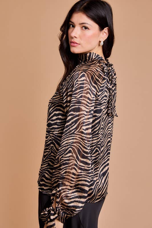 Back Tie Neck Shirring Animal Print Top