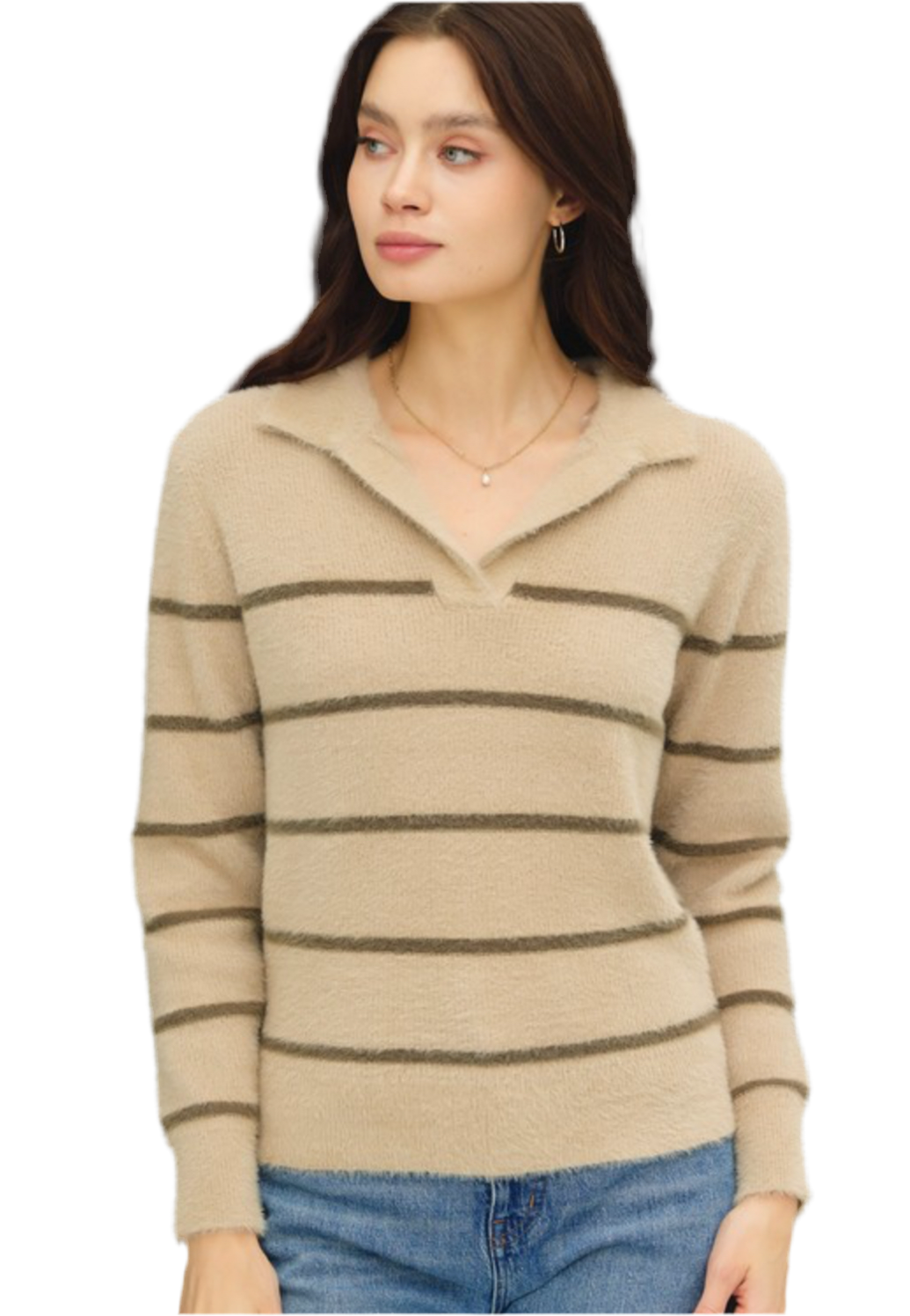 Be Cool Ultra Cozy V-Neck With Stripes and Collar