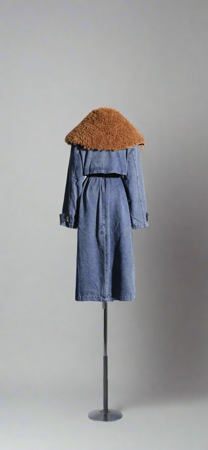 Kosmo Denim Trench Coat With Chic Faux Fur Collar