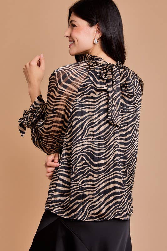 Back Tie Neck Shirring Animal Print Top