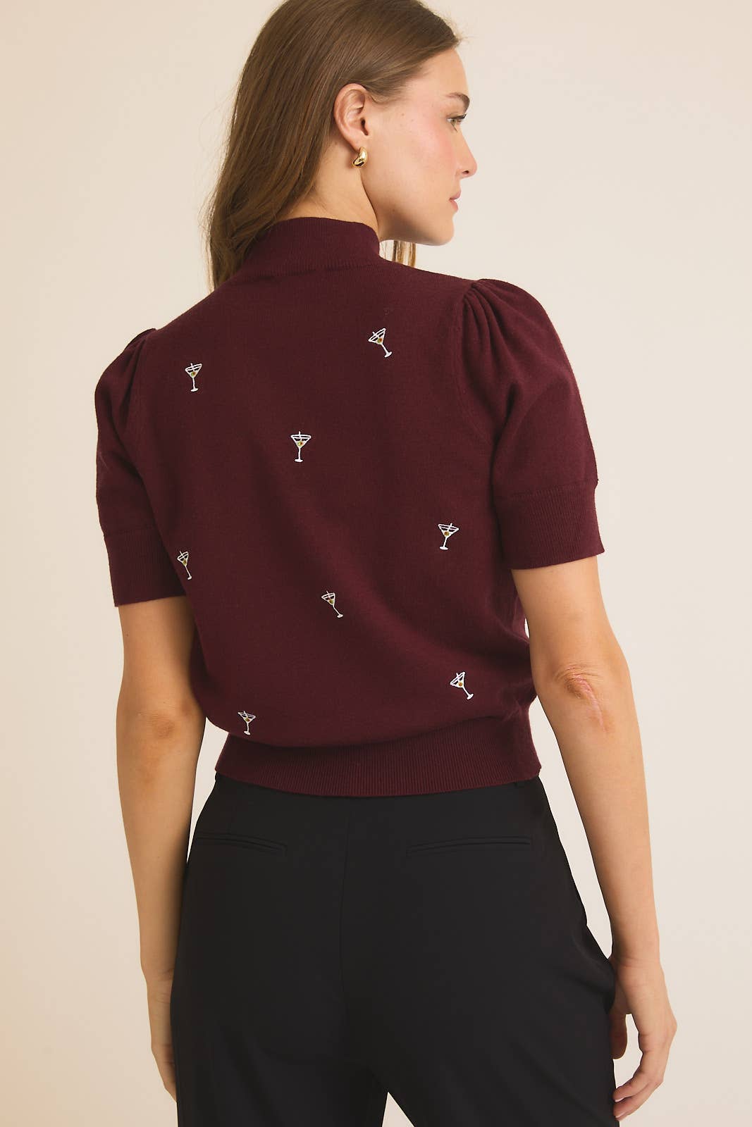 Mock Neck Martini Embroidered Knit Top