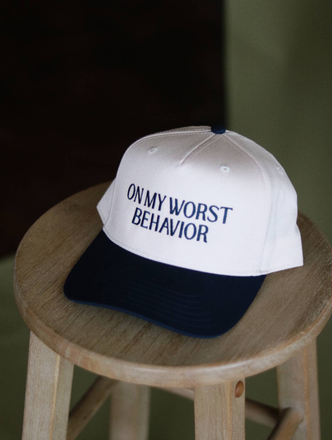 Electric Label On My Worst Behavior Hat Navy and Cream 