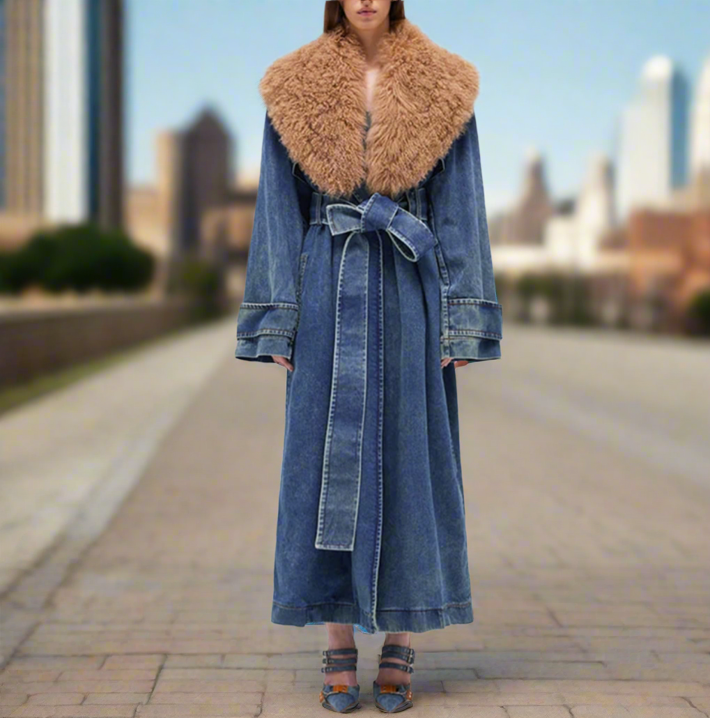 Kosmo Denim Trench Coat With Chic Faux Fur Collar