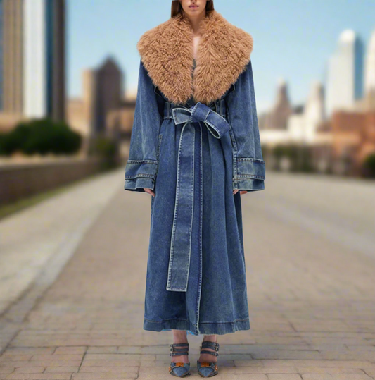 Kosmo Denim Trench Coat With Chic Faux Fur Collar