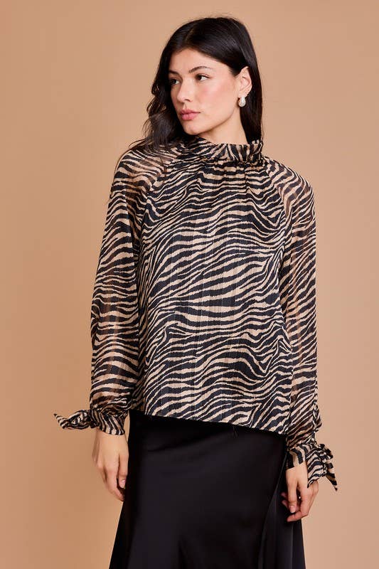 Back Tie Neck Shirring Animal Print Top