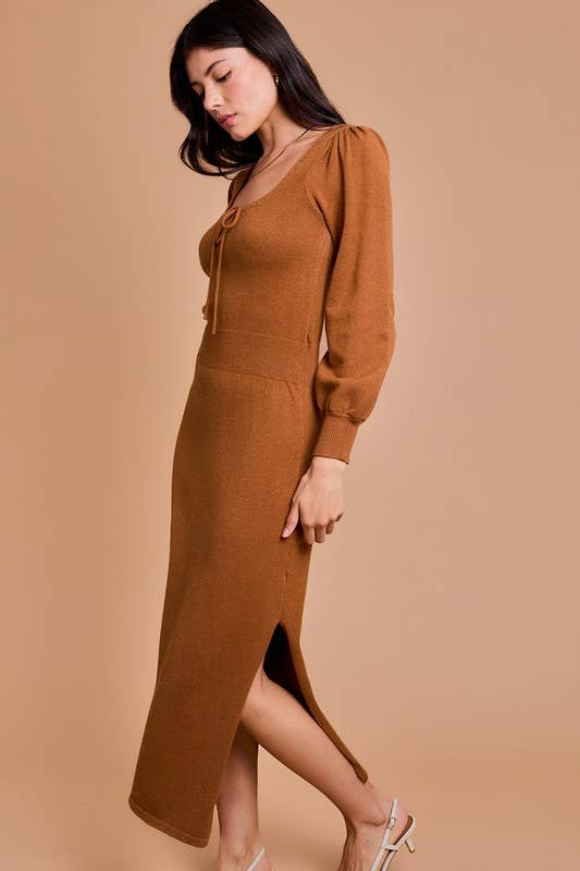 Scooped Neck Slit Knit Dress