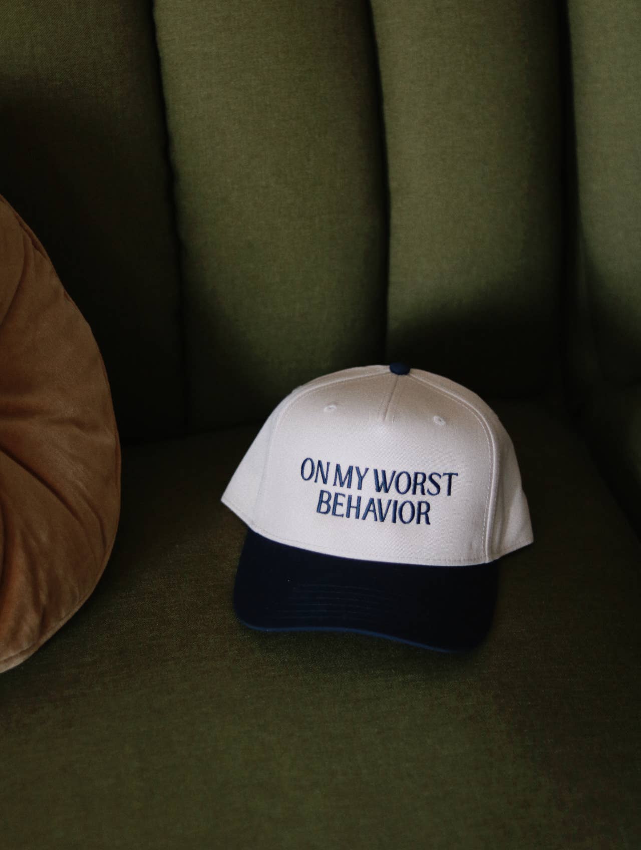 Electric Label On My Worst Behavior Hat Navy and Cream 