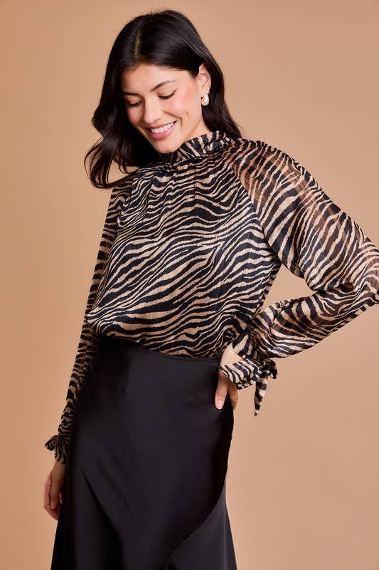 Back Tie Neck Shirring Animal Print Top