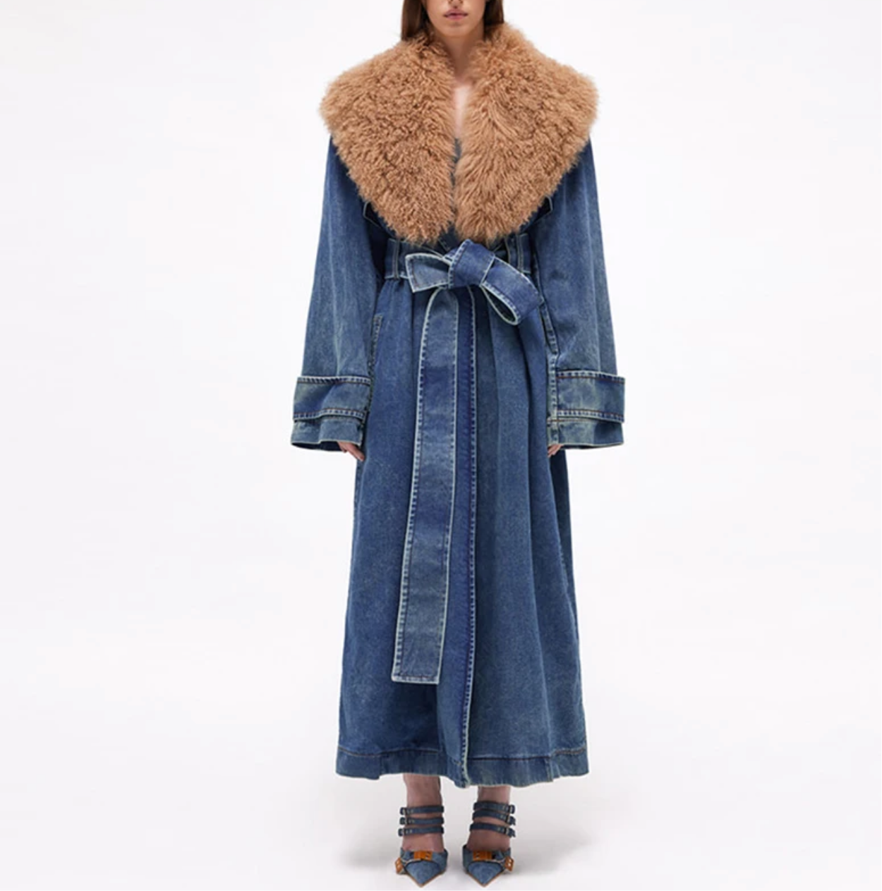 Kosmo Denim Trench Coat With Chic Faux Fur Collar