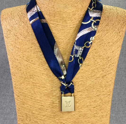 Louis Vuitton Vintage Brass Padlock Pendant on Silk Ribbon Necklace