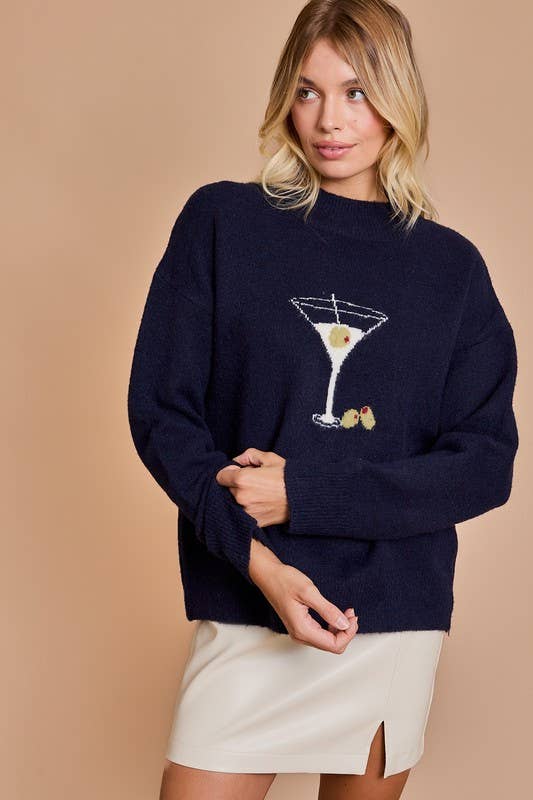 Mock Neck Long Sleeve Martini Graphic Sweater