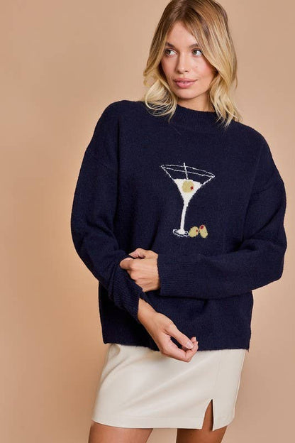 Mock Neck Long Sleeve Martini Graphic Sweater