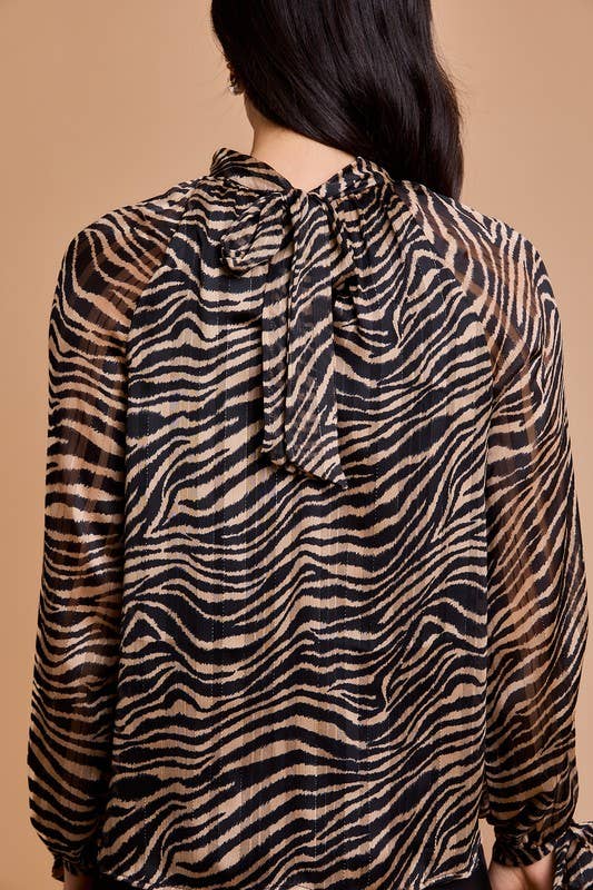 Back Tie Neck Shirring Animal Print Top